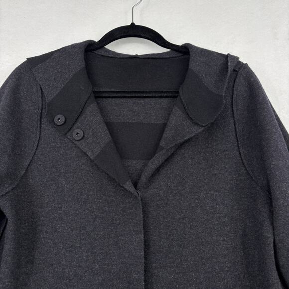 Eileen Fisher Jacket XS Black Gray Stripe Merino Wool Reversible Hooded Snaps - Picture 6 of 11